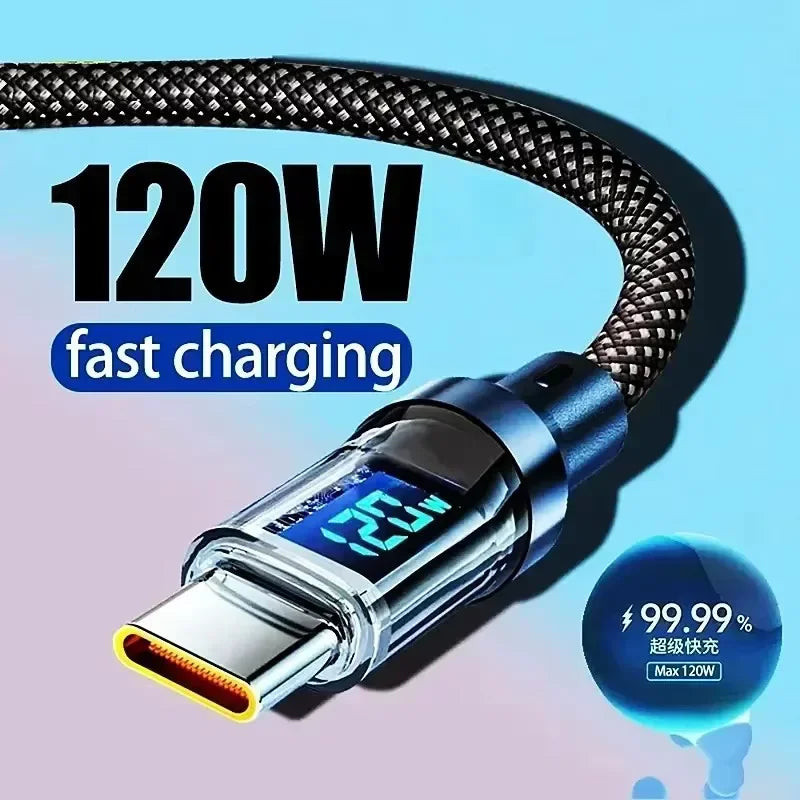 120W USB-C Fast Charging Cable LED Display | Nylon Braided USB-C Charging Cable P3