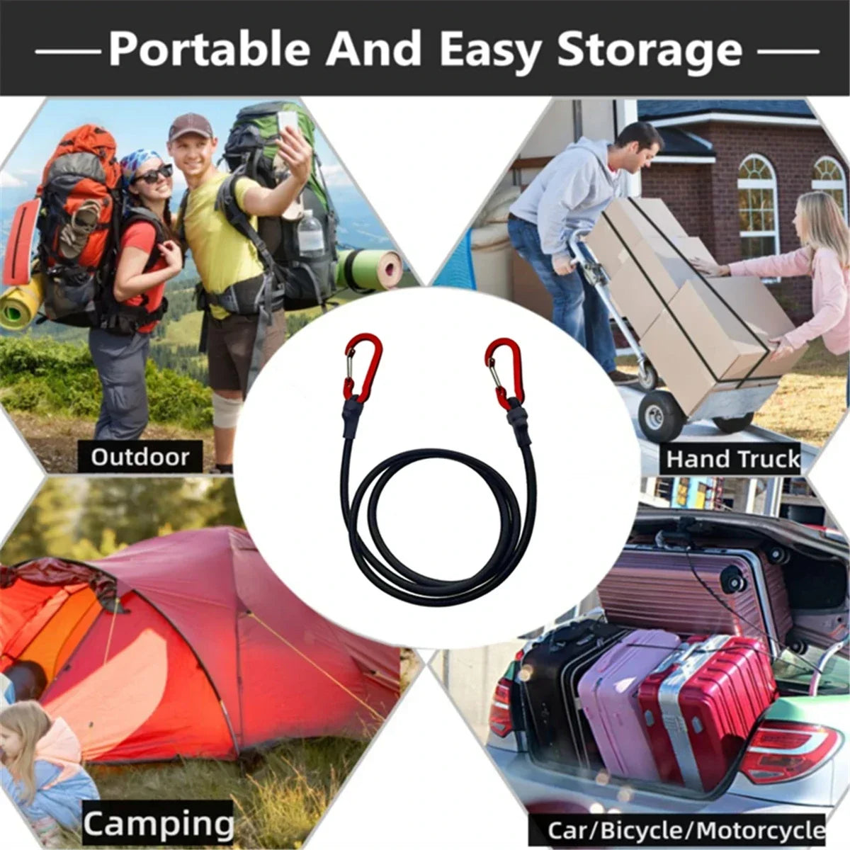 Elastic Bungee Cord with Carabiner | Camping Luggage Binding Bungee Cord Carabiner P3
