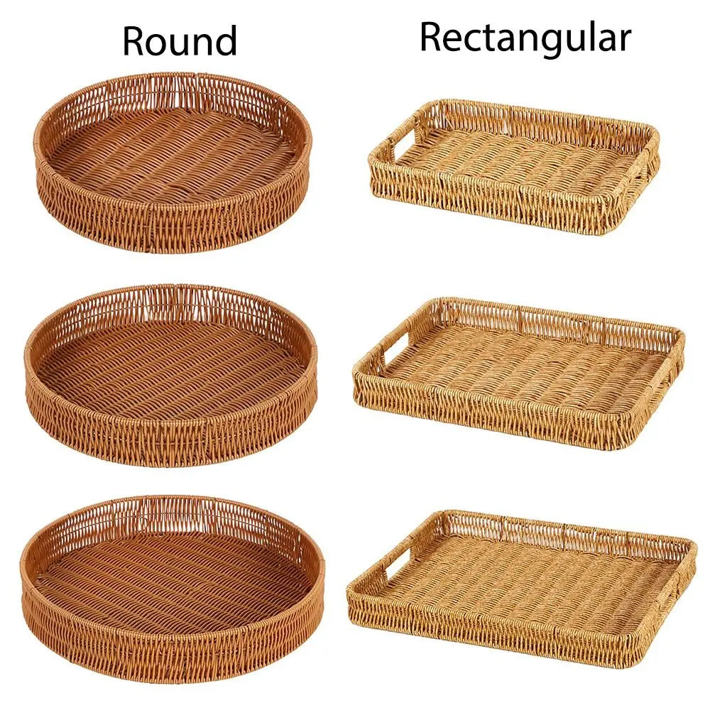 Handwoven Plastic Rattan Storage Tray – Fruit & Bread Basket Woven Storage Basket P3