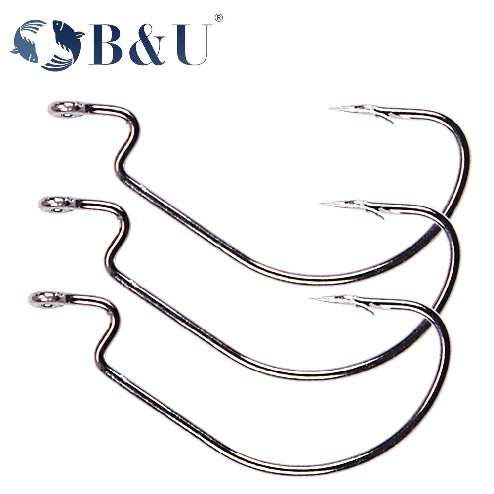 B&U 50-Pack EWG Offset Worm Hooks – Carbon Steel Crank Hooks Fishing Hooks P3