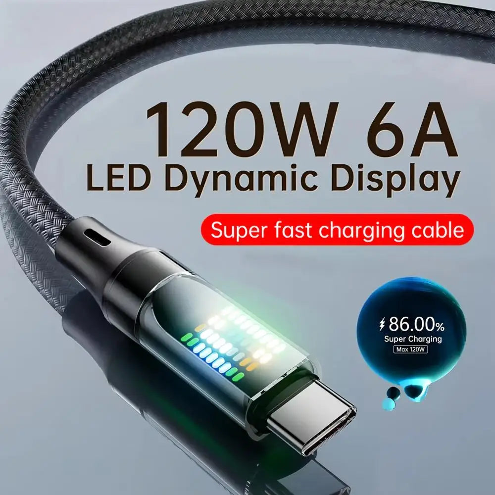 120W USB-A to USB-C Fast Charge Cable 6A LED Display USB-C Charging Cable P3