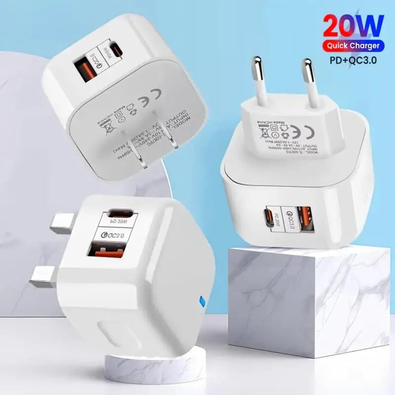 20W Dual Port USB-C PD Fast Wall Charger EU/US/UK Plug Wall Charger Adapter P3