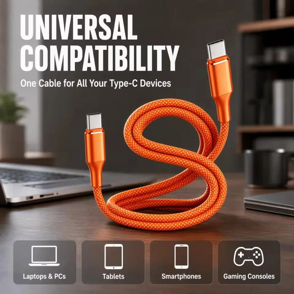 100W 90-Degree USB-C to USB-C Fast Charging Cable Orange USB-C Charging Cable P3