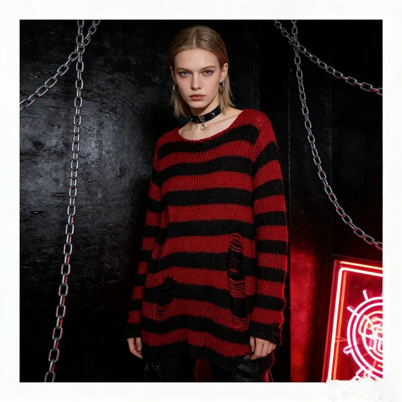 Women's Oversized Striped Hollow Knit Sweater | Punk Gothic Knit Pullover Sweater P3
