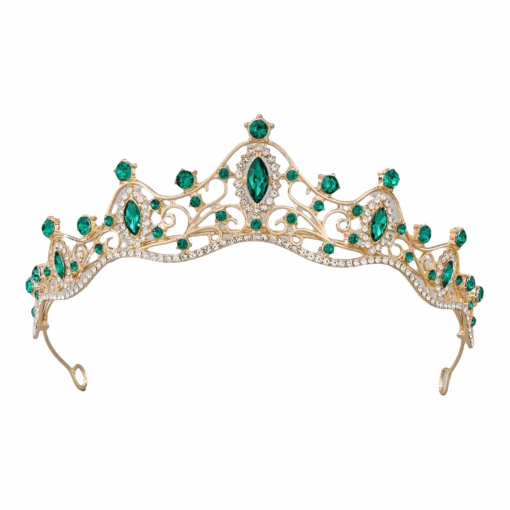 Rhinestone Crystal Tiara Crown Headband – Bridal & Party Crystal Crown Headband P3 Green-Gold