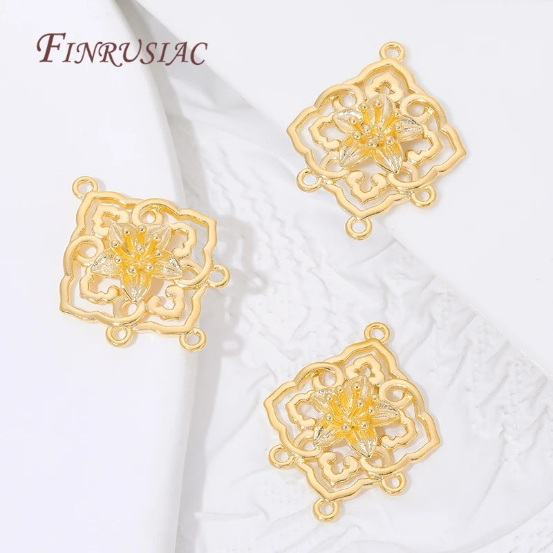 18K Gold Plated Brass Floral Filigree Rhombus Earring Links Jewelry Making Findings P3