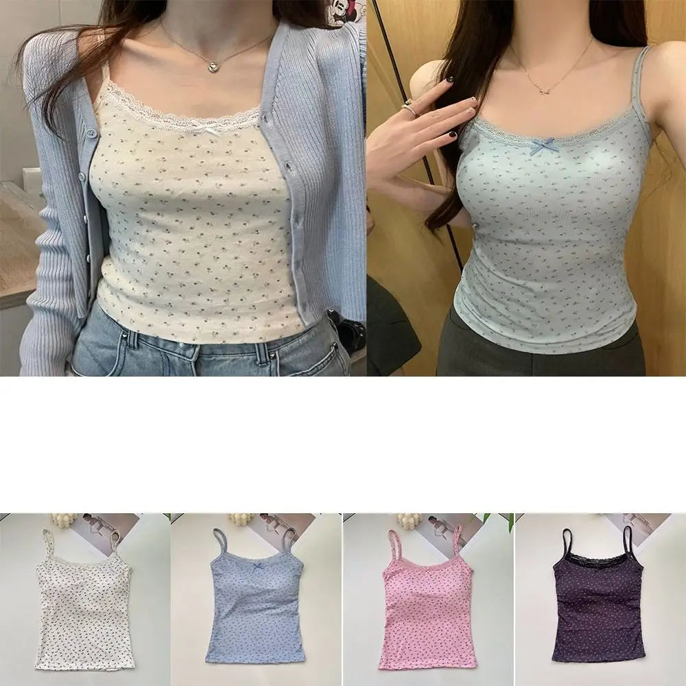 Women's Lace Floral Cami Tank Top | Y2K Slim Crop Vest Lace Cami Top P3