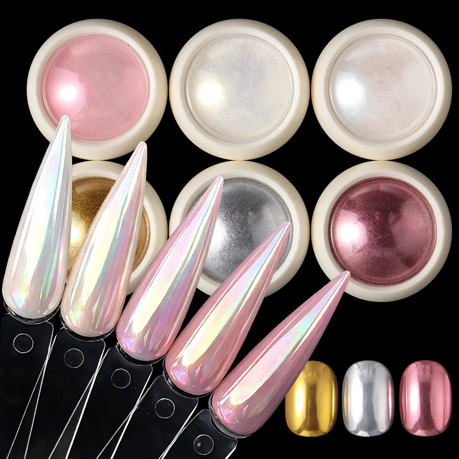 Aurora Chrome Mirror Nail Powder – 6-Jar Iridescent Set Chrome Nail Powder P3 F-333