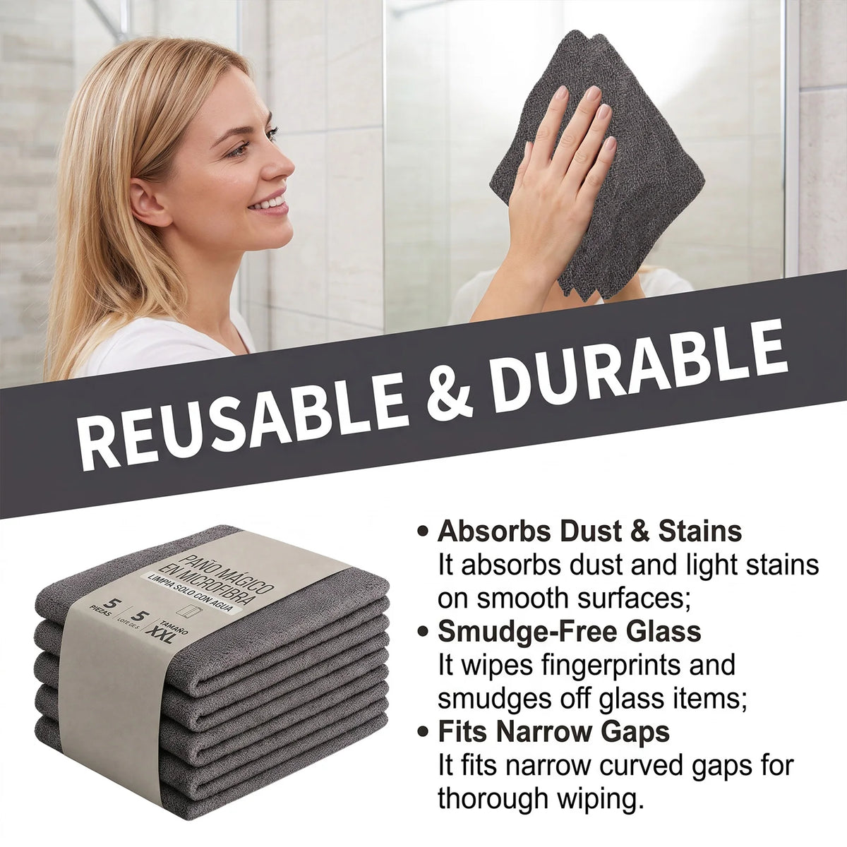 5-Pack Microfiber Cleaning Cloths | Lint-Free & Reusable Microfiber Cleaning Cloth P3