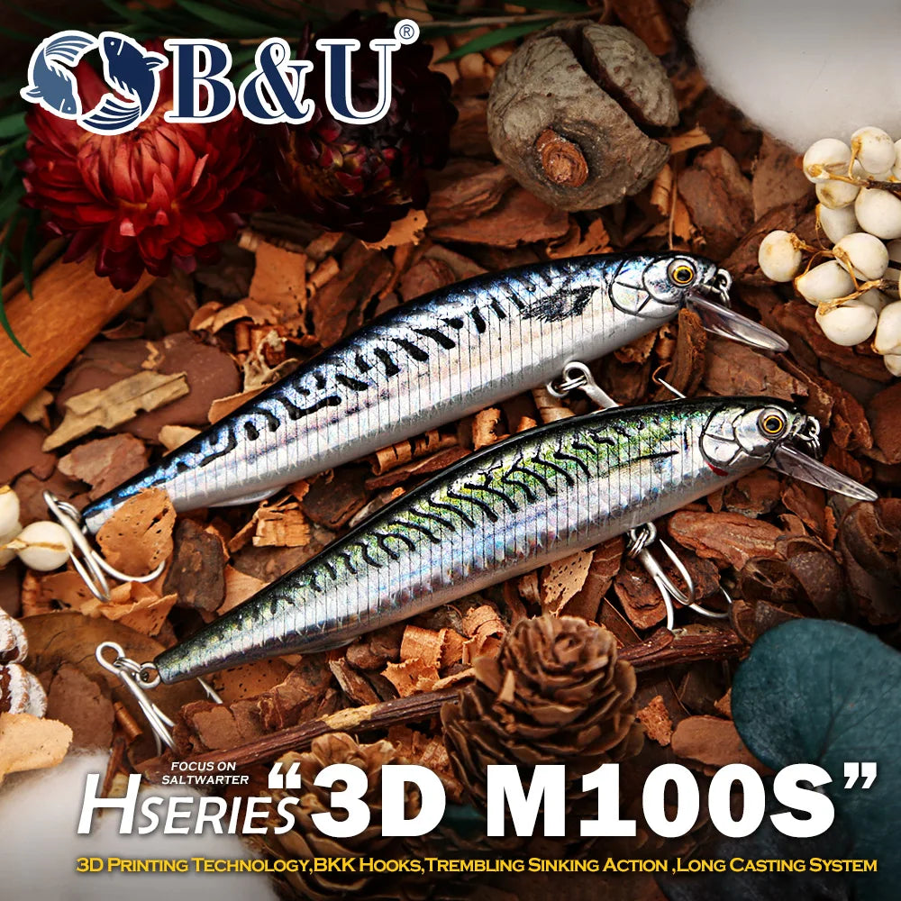 B&U Saltwater Sinking Minnow Jerkbait Lure with BKK Hooks Saltwater Fishing Lure P3