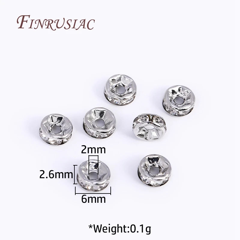 18K Gold Plated Rhinestone Rondelle Spacer Beads 4/6/8mm Rhinestone Spacer Beads P3 Rhodium Plated-6MM 50pcs