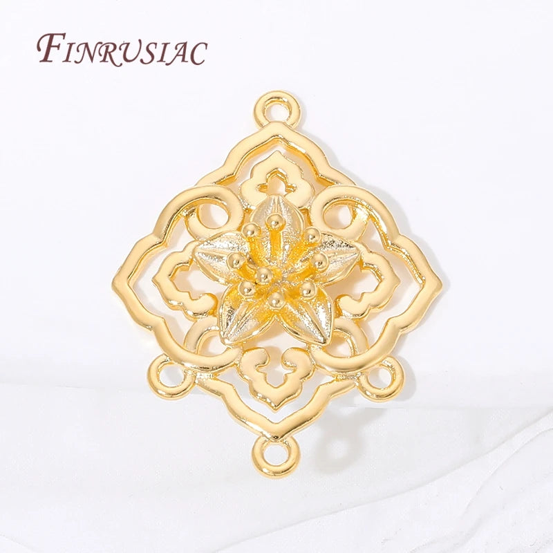18K Gold Plated Brass Floral Filigree Rhombus Earring Links Jewelry Making Findings P3