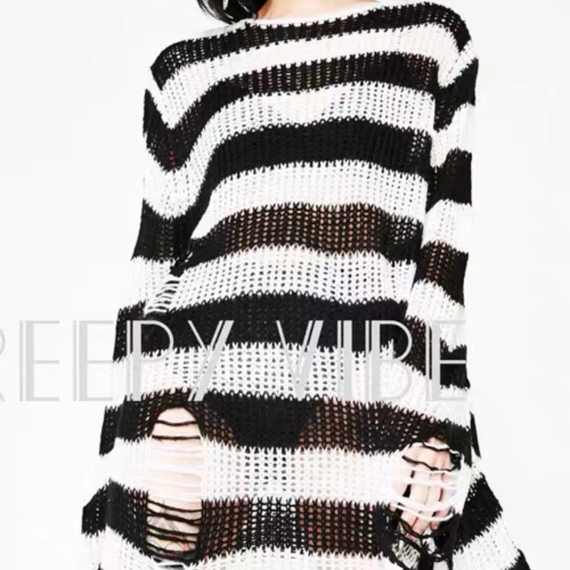 PTKPCC Punk Gothic Striped Hollow-Out Knit Sweater | Unisex Knit Pullover Sweater P3