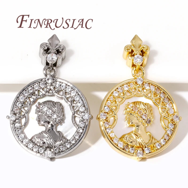 18K Gold Plated Brass Queen Zircon Round Pendant Charm Jewelry Pendant Charm P3
