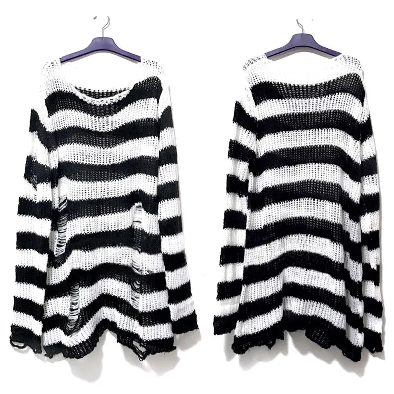 PTKPCC Punk Gothic Striped Hollow-Out Knit Sweater | Unisex Knit Pullover Sweater P3