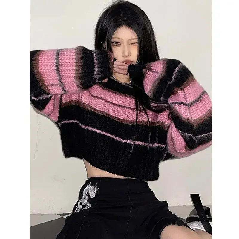 PTKPCC Y2K Pink Striped Cropped Sweater | Korean Knit Pullover Cropped Knit Sweater P3 Pink S