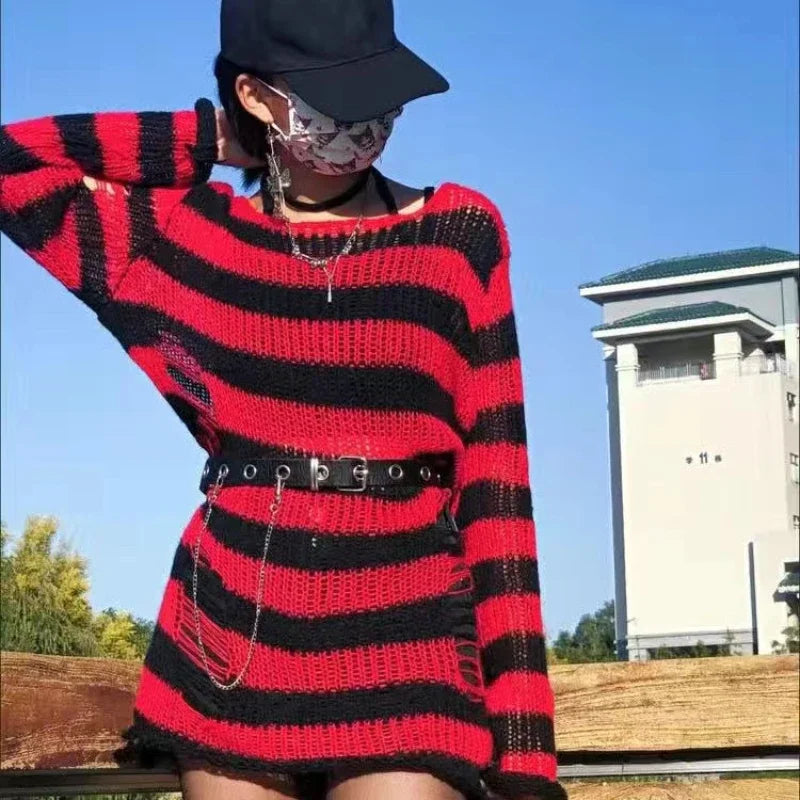 Women's Oversized Striped Hollow-Out Punk Knit Pullover Sweater Knit Pullover Sweater P3