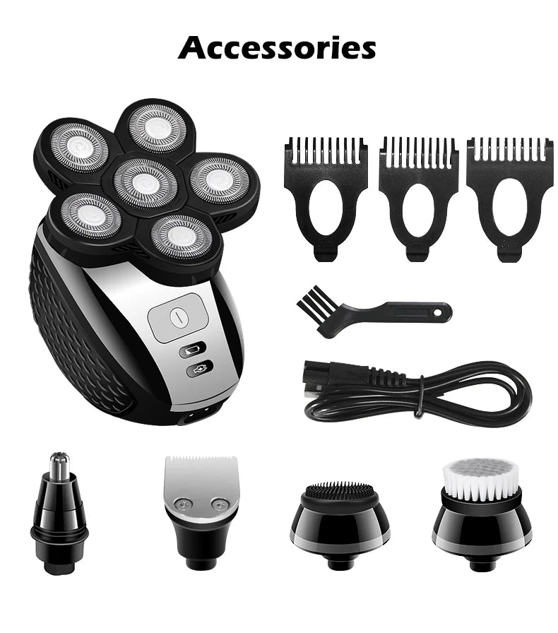 6-in-1 Men's Cordless Electric Rotary Shaver | USB Rechargeable Electric Rotary Shaver P3 Black USB Type-C