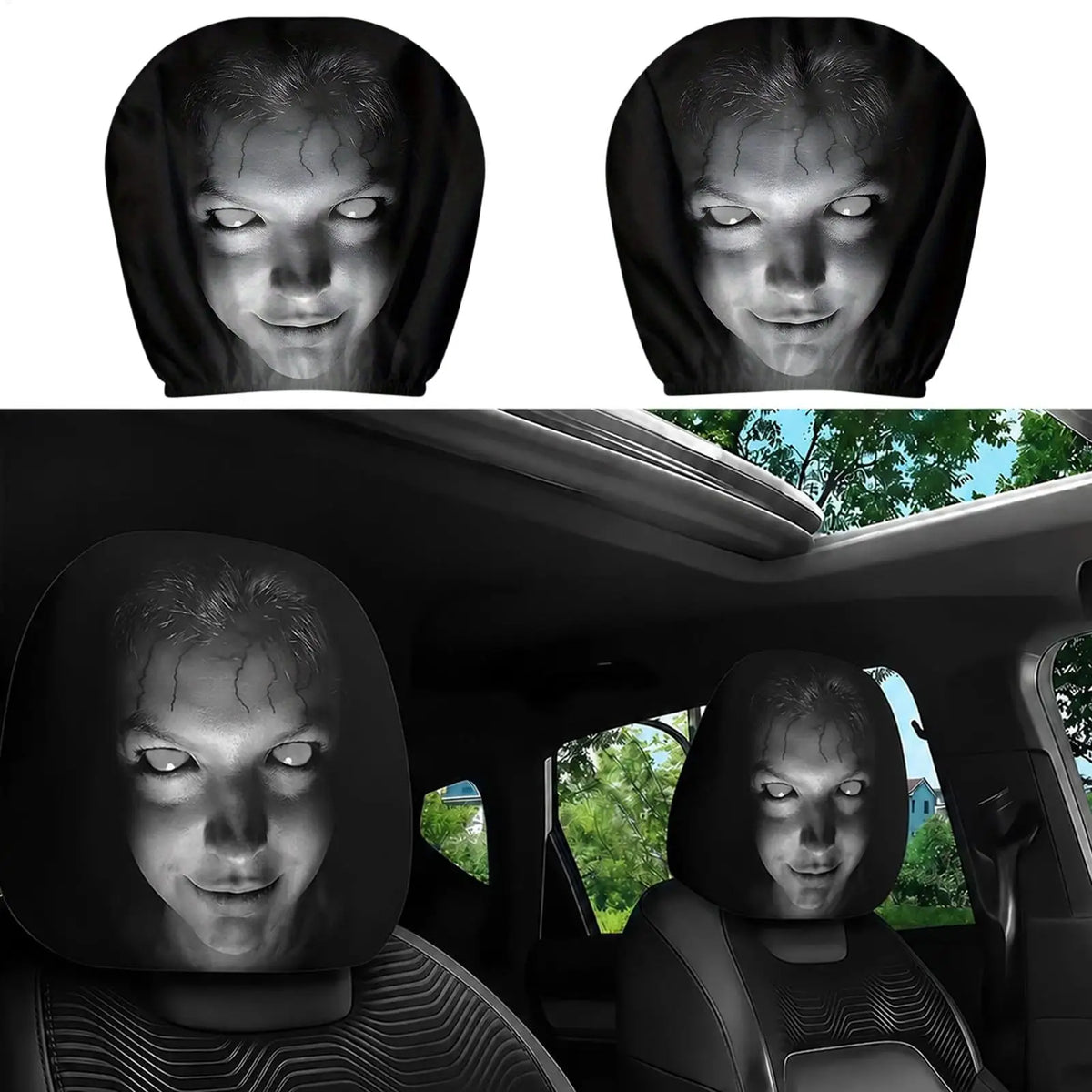 Spooky Ghost Smiling Face Car Headrest Covers | 1 Pair
