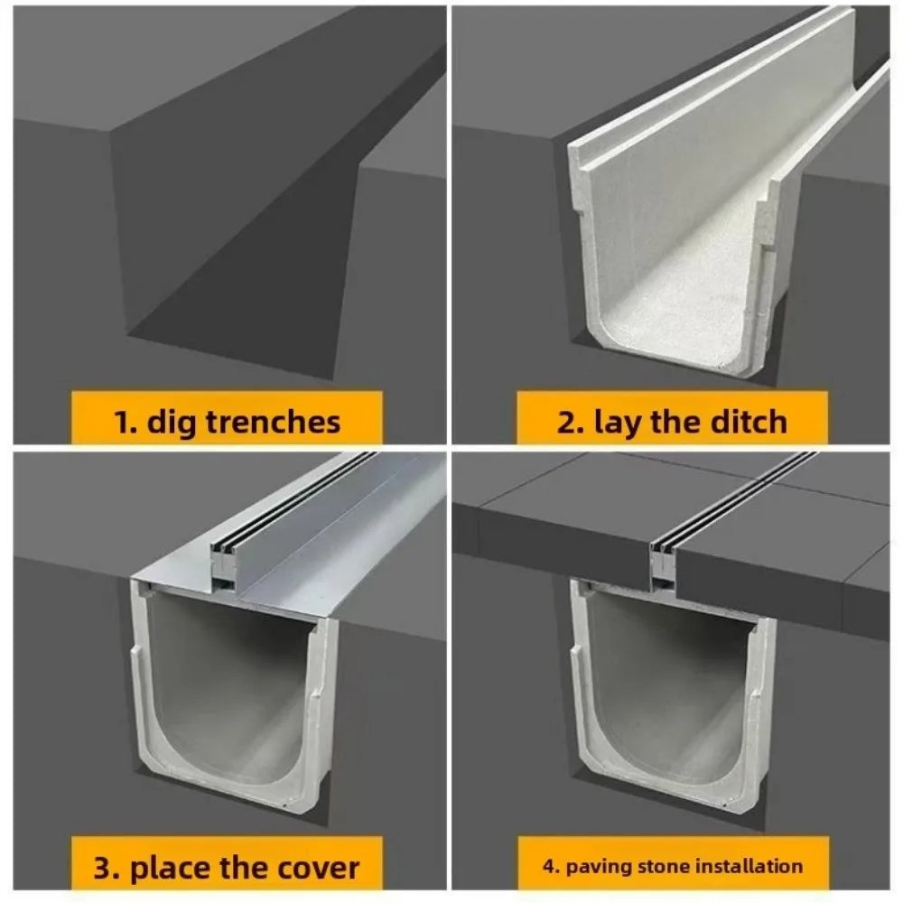 Heavy Duty Resin Linear Drain U-Shape Gutter Steel Grate Cover Linear Channel Drain P3