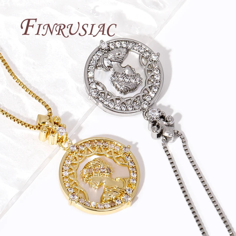 18K Gold Plated Brass Queen Zircon Round Pendant DIY Charm Jewelry Pendant Charm P3