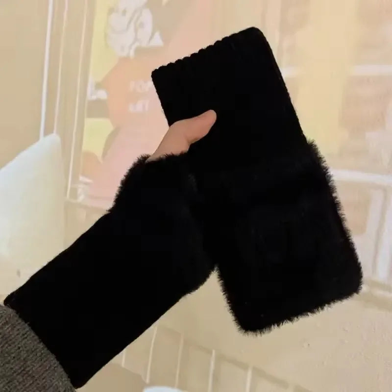 Women's Soft Plush Fingerless Gloves – Warm Knit Wrist Mittens Fingerless Winter Gloves P3 black One Size
