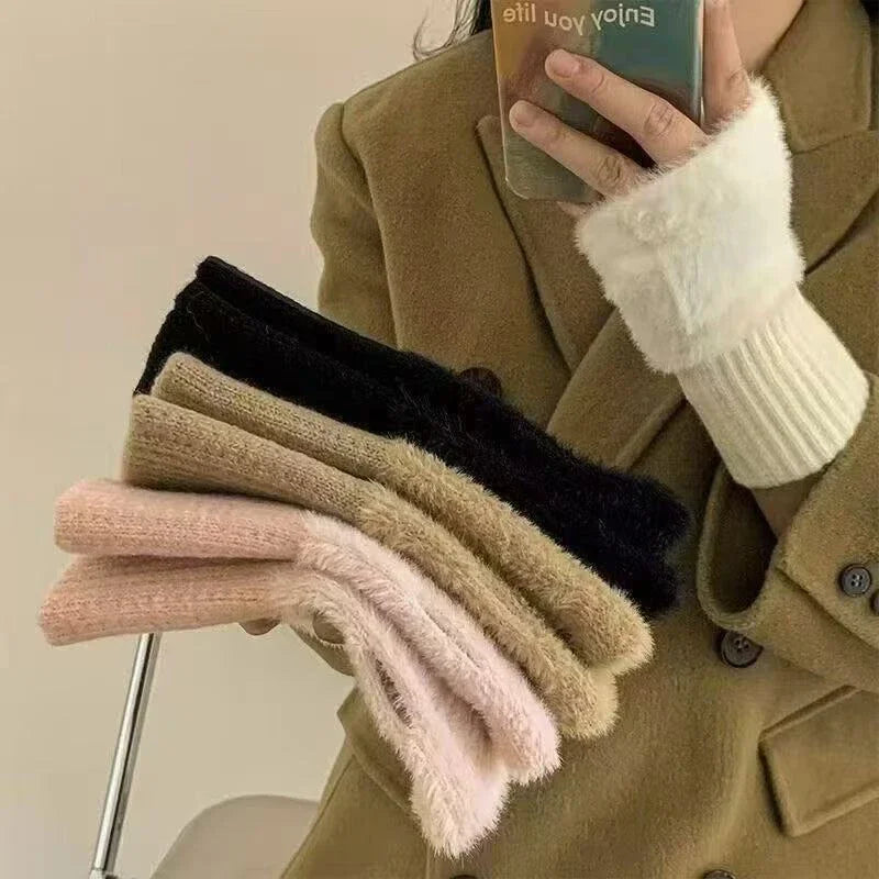 Women's Soft Plush Fingerless Gloves – Warm Knit Wrist Mittens Fingerless Winter Gloves P3
