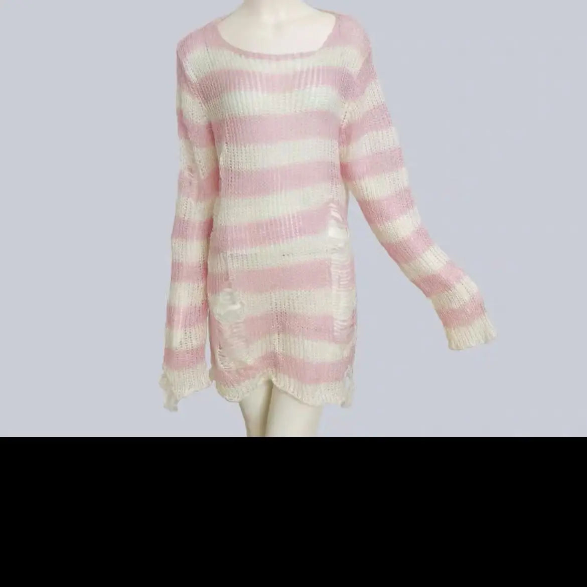 PTKPCC Punk Gothic Striped Hollow-Out Knit Sweater | Unisex Knit Pullover Sweater P3 Light white pink One Size