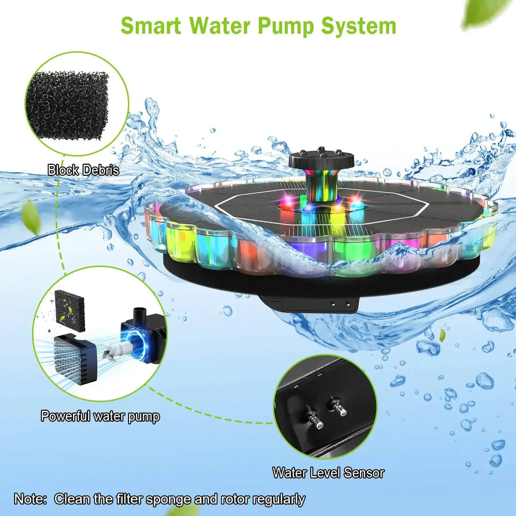 3.5W Solar Fountain Pump – 7 Nozzles, LED Lights, Anti-Drift Solar Fountain Pump P3