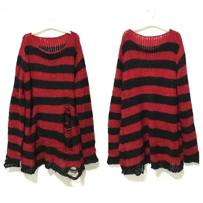 PTKPCC Women's Punk Gothic Oversized Striped Hollow Knit Sweater Knit Pullover Sweater P3