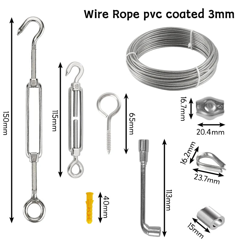 3mm Stainless Steel Wire Rope Kit – PVC Coated 20M/30M Wire Rope Kit P3