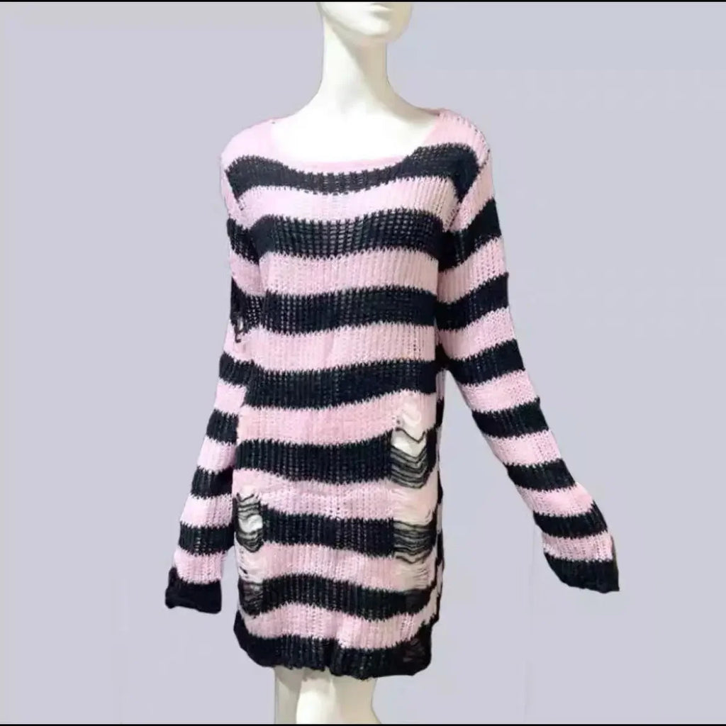 Punk Gothic Striped Hollow-Out Knit Sweater | Loose Unisex Knit Pullover Sweater P3 Pink One Size