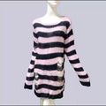 Punk Gothic Striped Hollow-Out Knit Sweater | Loose Unisex Knit Pullover Sweater P3 Pink One Size