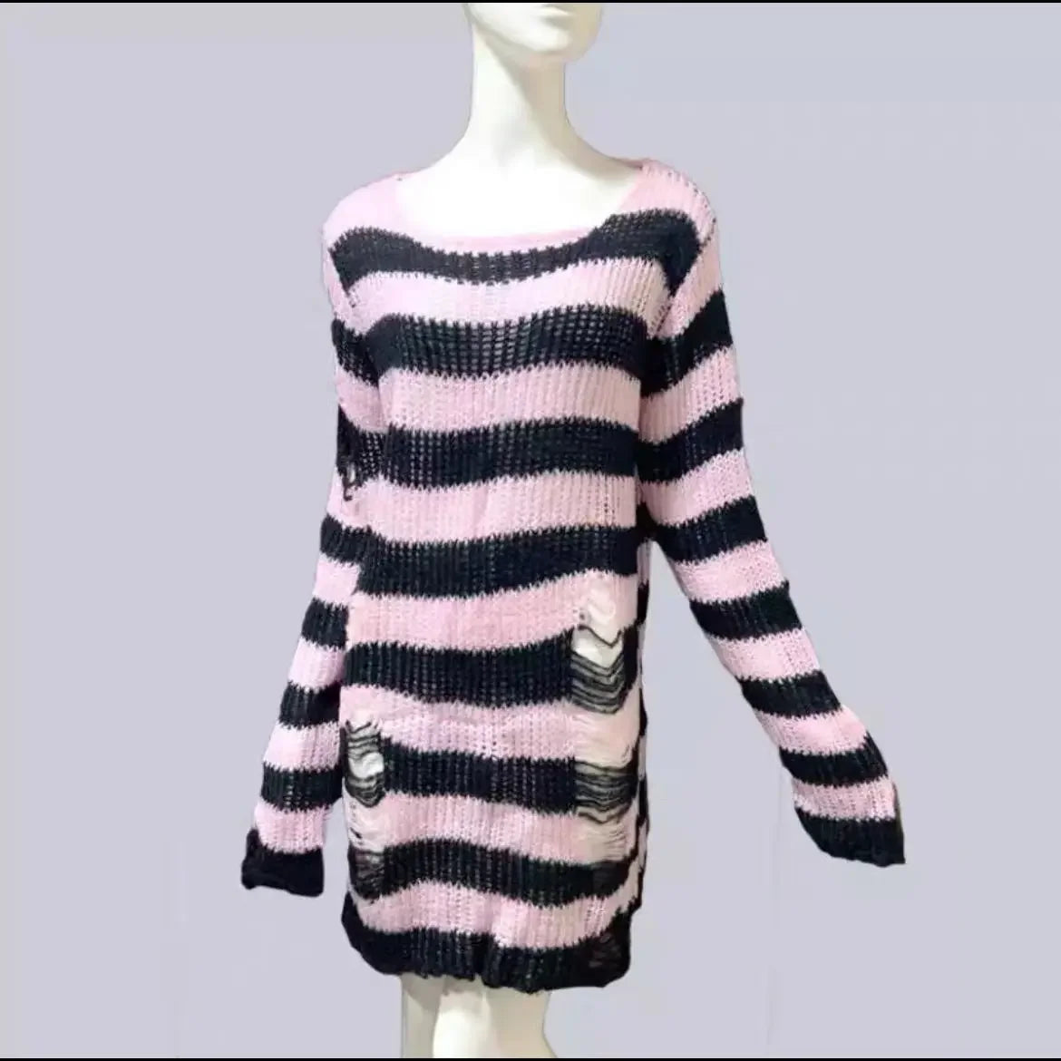 Punk Gothic Striped Hollow-Out Knit Sweater | Loose Unisex Knit Pullover Sweater P3 Pink One Size