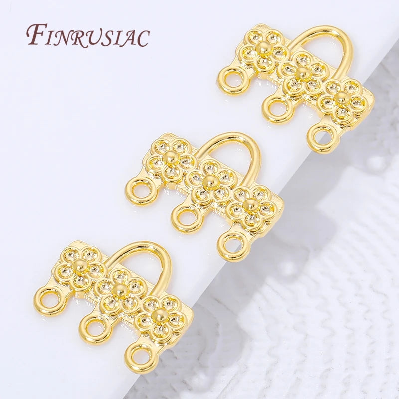 18K Gold Plated Flower 3-Loop Earring Connector Charm | Brass Earring Connector Charm P3