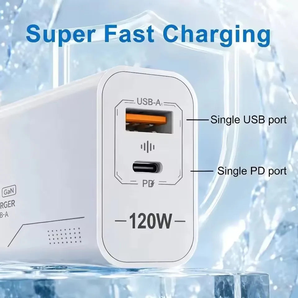 120W GaN 2-Port Fast Charger – USB-C & USB-A Wall Adapter GaN Wall Charger P3