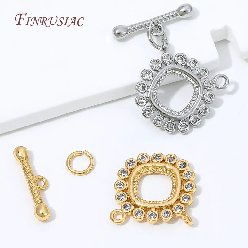 18K Gold Plated OT Toggle Clasp with Zircon Square Charm Jewelry Clasp Finding P3