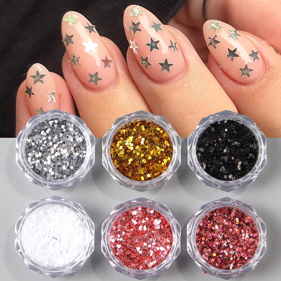 Y2K Star Nail Art Flakes – Gold Silver Pink Glitter Sequins 6pc Nail Art Sequins P3