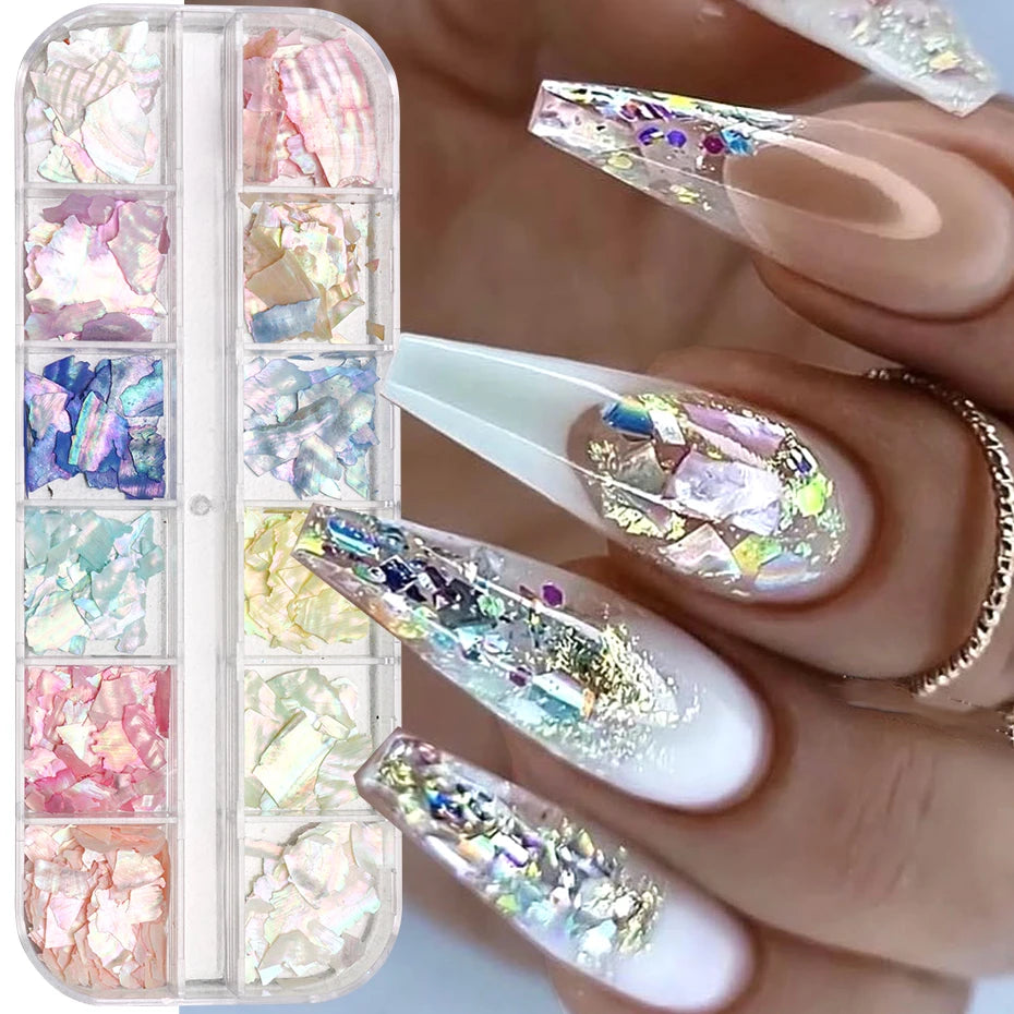 12-Grid Abalone Shell Flakes for Nail Art – 3D Glitter Slices Nail Art Decoration P3