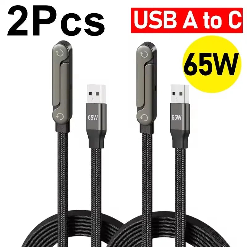 65W USB-C Fast Charging Cable with Foldable Phone Holder 2-in-1 USB-C Charging Cable P3 2 Pcs 1.5m