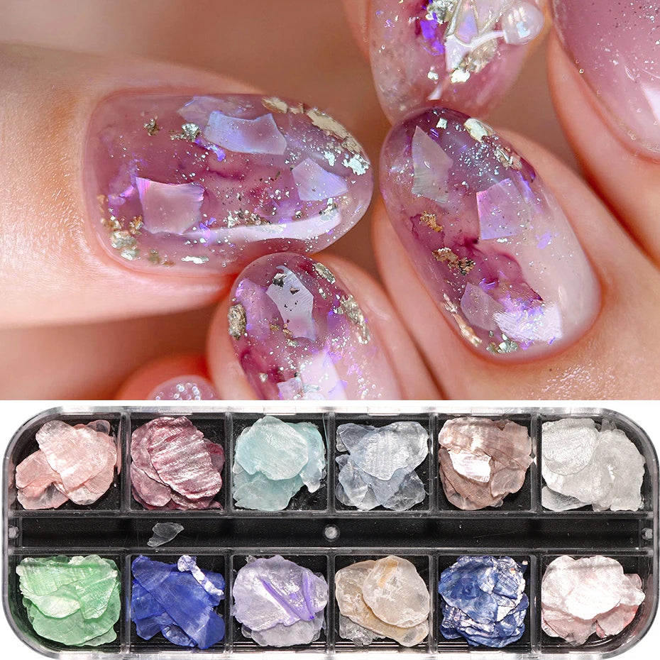 Iridescent Shell Nail Art Flakes 12 Grids – 3D Glitter Sequins Nail Art Decoration P3