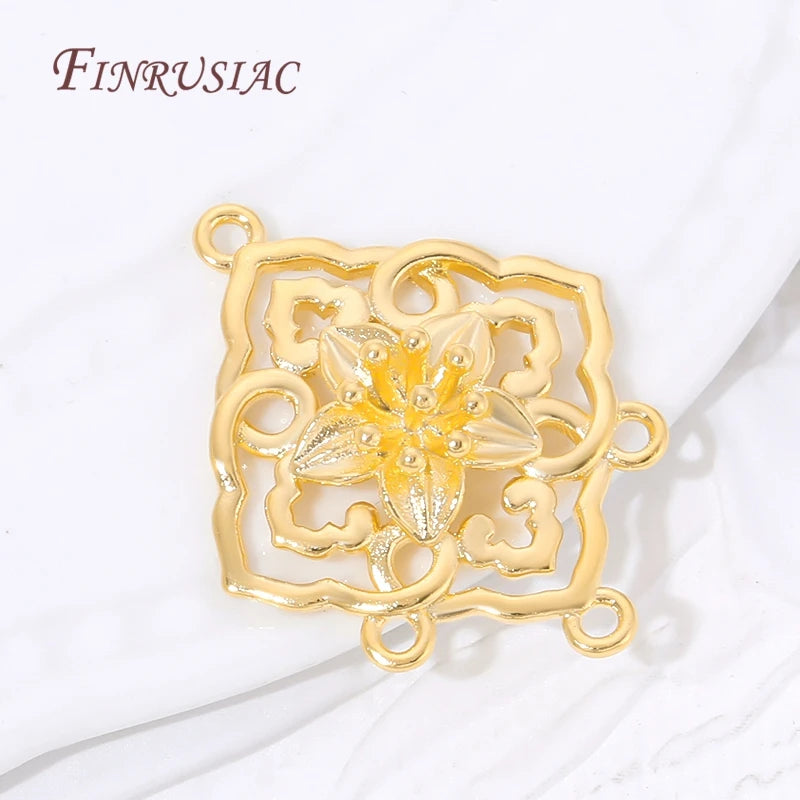 18K Gold Plated Brass Floral Filigree Rhombus Earring Links Jewelry Making Findings P3