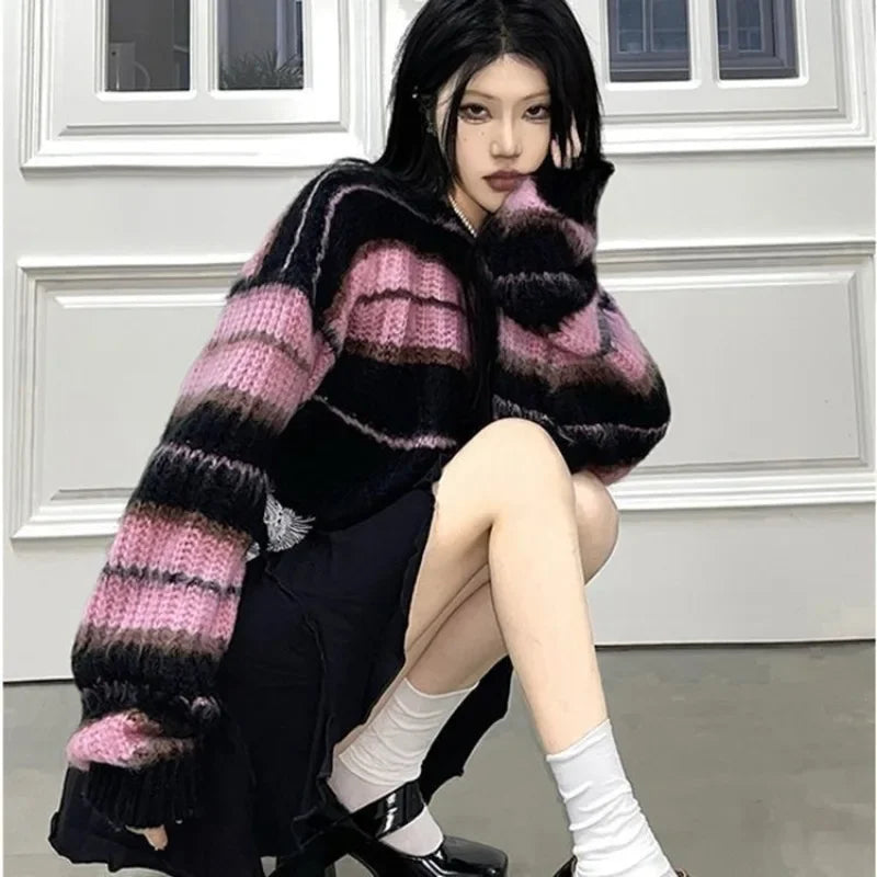 PTKPCC Y2K Pink Striped Cropped Sweater | Korean Knit Pullover Cropped Knit Sweater P3