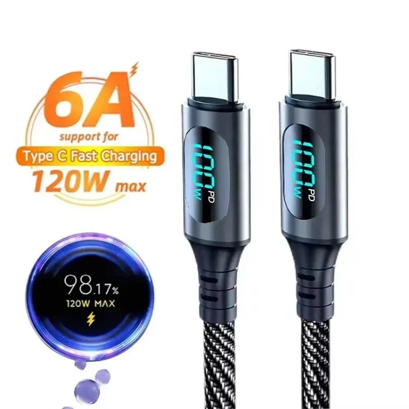 120W USB-C Fast Charging Cable Nylon Braided LED Display USB-C Charging Cable P3