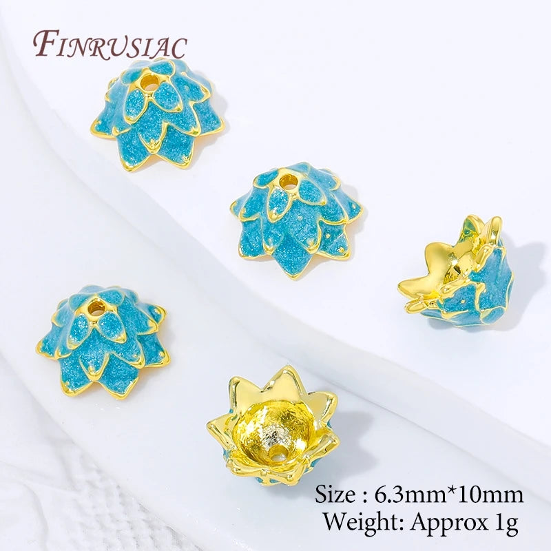 18K Gold Plated Blue Enamel Lotus Bead Caps | Brass Flower Spacer Jewelry Bead Caps P3 Gold Plated-4pcs 4 pcs