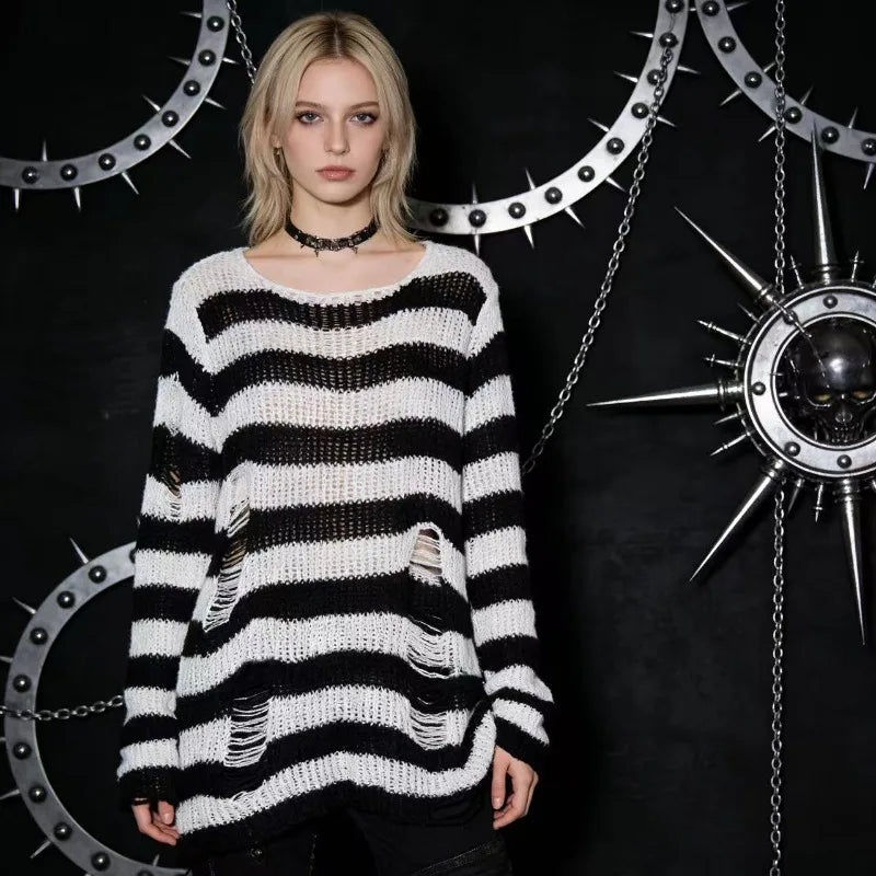 PTKPCC Women's Oversized Punk Gothic Striped Hollow Knit Sweater Knit Pullover Sweater P3