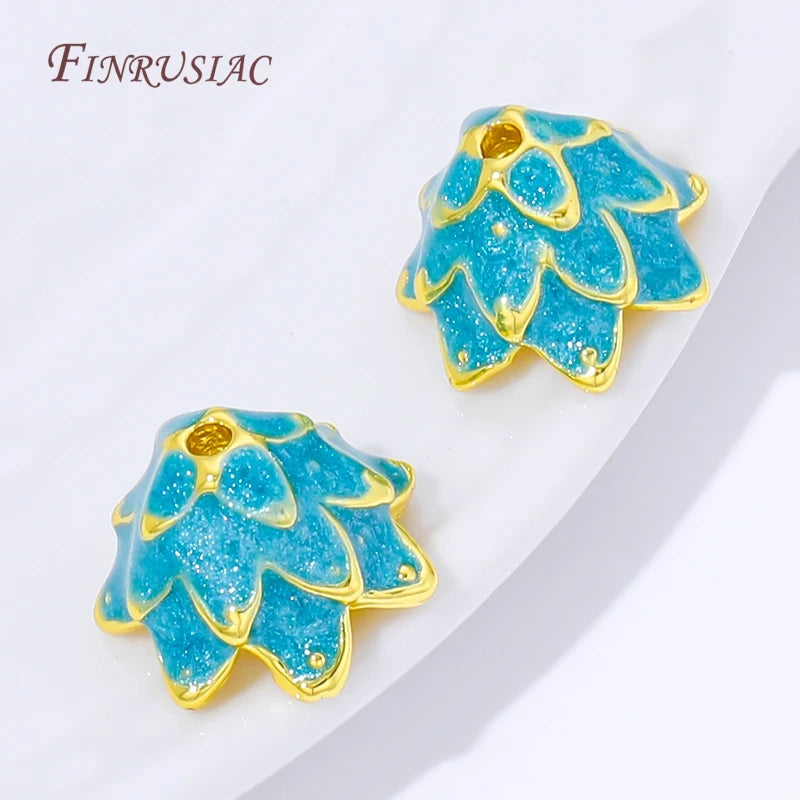 18K Gold Plated Blue Enamel Lotus Bead Caps | Brass Flower Spacer Jewelry Bead Caps P3