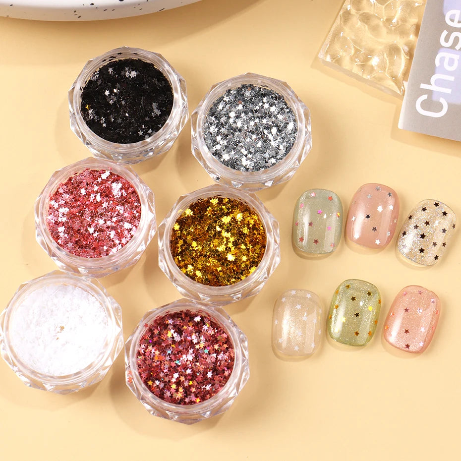 Y2K Star Nail Art Flakes – Gold Silver Pink Glitter Sequins 6pc Nail Art Sequins P3 F-196
