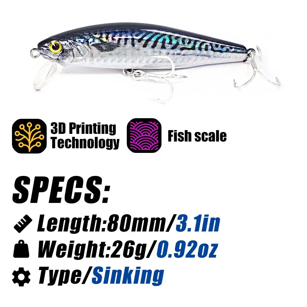 B&U 80mm Sinking Minnow Jerkbait – Saltwater Sea Bass Lure Saltwater Fishing Lure P3