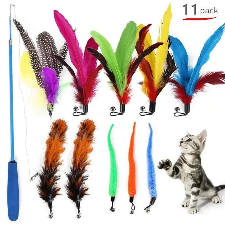 11-Pc Retractable Cat Feather Wand Toy Set with Refills Cat Feather Wand P3